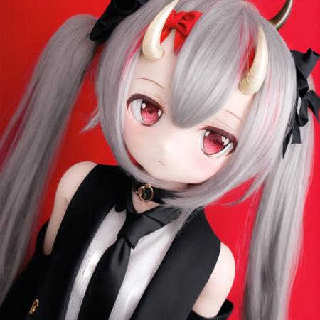 <lora:dolls:1.0>, (kukolnydom:1.0), doll, 1girl, bangs, bare shoulders, black bow, black jacket, black neckwear, bow, collared shirt, dstwins97, dutch angle, eyebrows visible through hair, grey hair, hair bow, highres, horns, jacket, karma \(nakiri ayame\), long hair, looking at viewer, multicolored hair, necktie, oni, oni horns, parted lips, red eyes, redhead, shiranui \(nakiri ayame\), shirt, sidelocks, sleeveless, sleeveless shirt, solo, streaked hair, torii, twintails, very long hair, virtual youtuber, white shirt