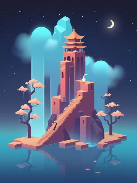 video game monument valley style, Ancient Chinese Architecture, stairs, water, cloud, trees, waterfall, gradient background, Night, starry sky, <lora:Monument Valley style:0.7>