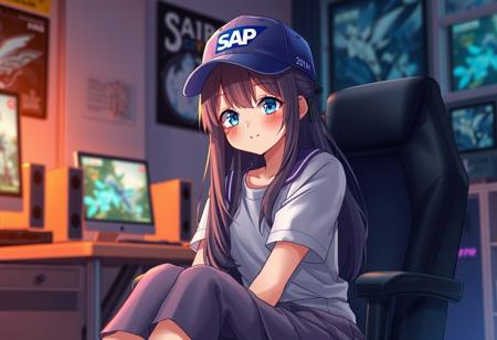 Beautifull yang 20 years old anime girl in her gaming room. The girl sitting on the chair in skirt and cap on her head with logo SAP text. Smiling peacefully. High detail and an overall serene, masterpiece quality.