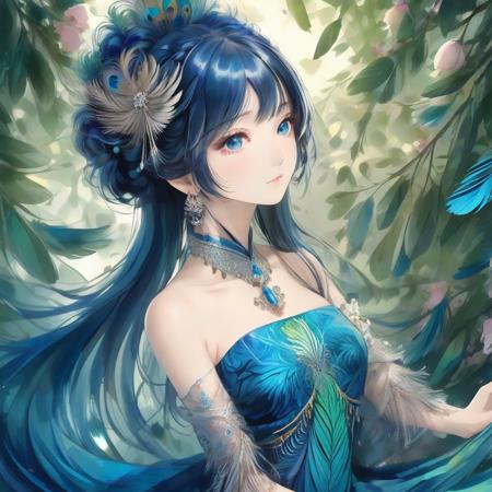 best quality, (masterpiece:1.35), wallpaper, (illustration), original,
(depth of field), (1girl:1.35), (solo), full body, dynamic,
blue eyes, detailed eyes, peacock wing, [peacock feather gorgeous dress:(peacock feathers):0.65], (disheveled hair), colored tips, colored inner hair, jewelry, intricated filigree, feathers on dress,
volumetric lighting, jungle, Tyndall effect, peacock feathers, halation