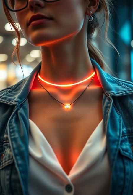 (Casual Chic): casual chic outfit, modern streetwear, subdermal LED jewelry, (internal LED glow:1.6) beneath the skin, (embedded LEDs:1.6) forming a subtle light pattern along the collarbone, soft light radiating from beneath the skin, (natural skin tone:1.5), (denim jacket:1.4), (elegant blouse:1.3), high-definition, soft light glowing through skin as stylish accents, (highly realistic skin texture:1.7), (seamless integration of light and skin:1.5), refined elegance, advanced subdermal technology, smooth light transitions, (glowing contours following body curves:1.5), tech-enhanced beauty, (worn jewelry:-1.7), (visible necklace:-1.7), (unnatural glow:-1.6), (clunky design:-1.5), high-resolution, futuristic but subtle enhancements