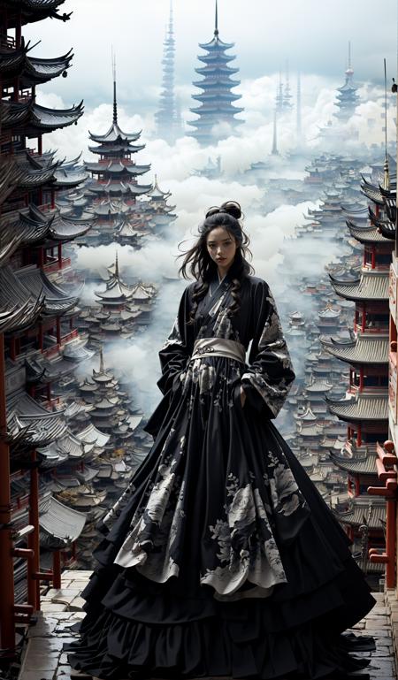 (dramatic, gritty, intense:1.4),masterpiece, best quality, 32k, insane details, intricate details, hyperdetailed, hyper quality, high detail, ultra detailed, Masterpiece, elaborate Hanfu(black Hanfu:1.3)(Chinese architecture:1.5)black upper body
1 girls, smokefogA high fashion model, in an elaborate Hanfu designed by Alexander McQueen, stands amidst a bustling metropolis' futuristic architecture. This full body shot for Vogue, captured by Andreas Gursky, melds tradition and modernity
<lora:~Q?-[lIg
:0.9>