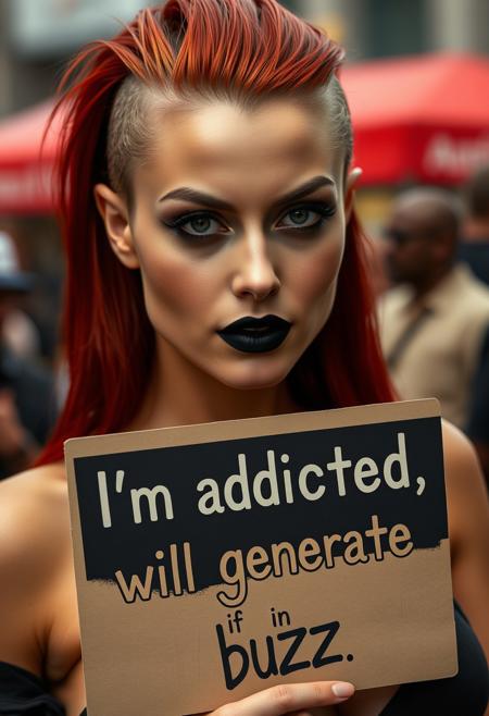 Picket Sign, tan woman in her 20s, smokey eyes makeup with black lipstick, brown eyes, she is holding a Picket sign which says: "I'm addicted, will generate for buzz.", Long red hair shaved on one side with light roots, Large breasts, erotic, perfect face, perfect anatomy, cute, beautiful, perfect beauty, amazing beauty, pure genius, absolutely perfect, gentle, highly detailed, breathtaking, italian beauty
