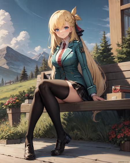 best quality, (masterpiece:1.2), illustration, absurdres,
(1girl), (solo), (beautiful detailed girl), full body,
<lora:AgnesUniform-000010:0.9>, Agnes Claudel, blonde hair, long hair, low-tied long hair, hair ribbon, blue eyes, large breasts,  green school uniform, red necktie, black pleated skirt, black thighhighs, brown loafers,
looking at viewer, happy
magical forest, flowers, distant mountains, sky, clouds