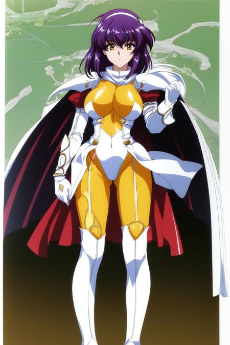 ((high resolution, masterpiece, high quality)), anime style, perfect face,  <lora:Lambda052:.8>, Lambda, large breasts, (yellow bodysuit), white leotard, white gloves, cape, white shoulder armor, extremely glossy, white boots