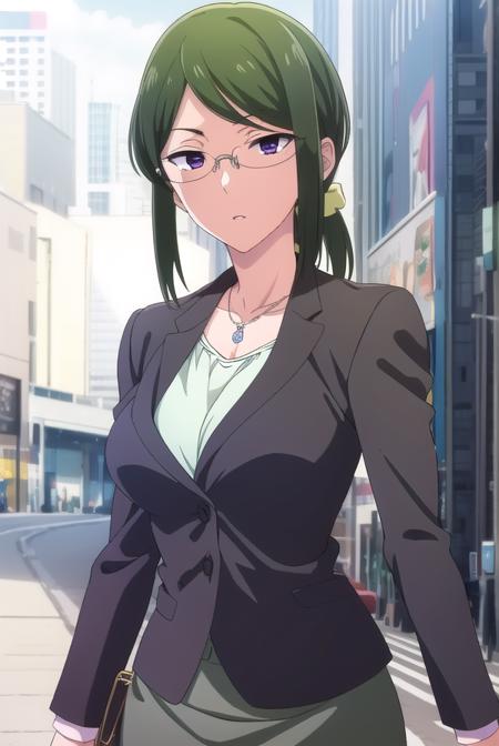 hanakokoyanagi, <lora:hanakokoyanagi-lora-nochekaiser:1>,
hanako koyanagi, green hair, low ponytail, (purple eyes:1.1), glasses,
BREAK skirt, pantyhose, necklace, formal, suit, pencil skirt, skirt suit,
BREAK looking at viewer,
BREAK indoors,
BREAK <lora:GoodHands-vanilla:1>, (masterpiece:1.2), best quality, high resolution, unity 8k wallpaper, (illustration:0.8), (beautiful detailed eyes:1.6), extremely detailed face, perfect lighting, extremely detailed CG, (perfect hands, perfect anatomy),