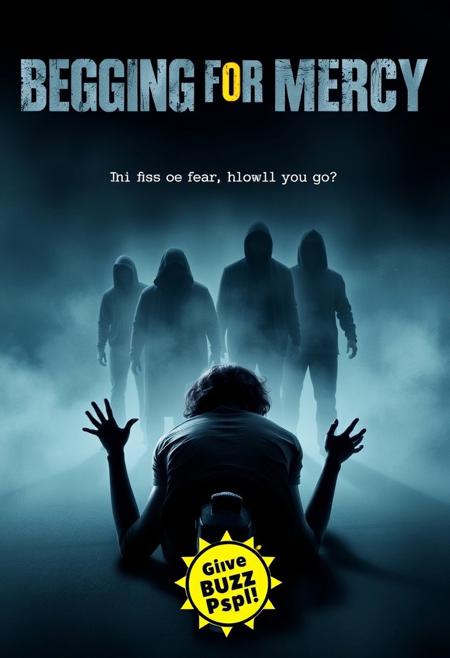 “Movie poster for a suspense thriller titled ‘Begging for Mercy.’ In the foreground, a distressed person is kneeling on the ground, hands reaching out in desperation. Shadowy, menacing figures loom in the misty background, creating a tense, eerie atmosphere. Dark, muted colors dominate the scene—deep blues, grays, with slight red accents. At the top, the title ‘Begging for Mercy’ appears in bold, gritty font, with a tagline underneath that reads, ‘In the face of fear, how far would you go?’ A yellow or neon ‘buzz’ symbol is included to add intrigue and energy. In the lower corner, there’s a spotlight or badge with the phrase, ‘Give me buzz ppl,’ as a playful call to action. The overall mood is haunting and suspenseful, emphasizing danger and mystery.”