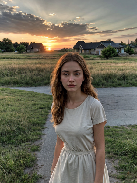 natural beauty, dressed,  photorealistic, sunset in boring suburbs