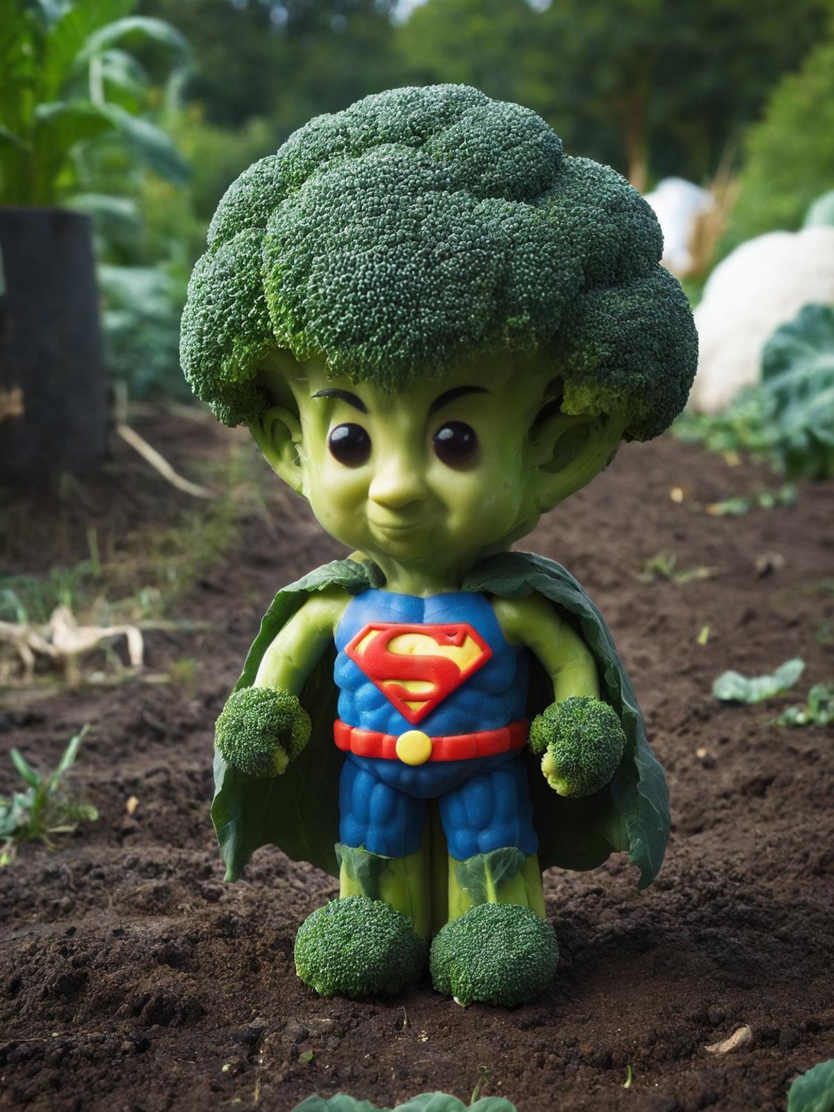A statue of a broccoli man with a cape and a green crown.
