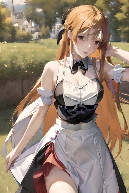 ((masterpiece)), ((best quality)), (slender_body:1.1), (wide_hips:1.2), (narrow_waist:1.2),
Asuna Yuuki, 1girl, large breasts,  long hair, midriff, outdoors, large boobs, orange hair, long hair, realistic, ultra realistic, hyper realistic, real life, highly detailed, focused,
Maid Dress, Maid, 
<lora:Asuna Yuuki 2:1>