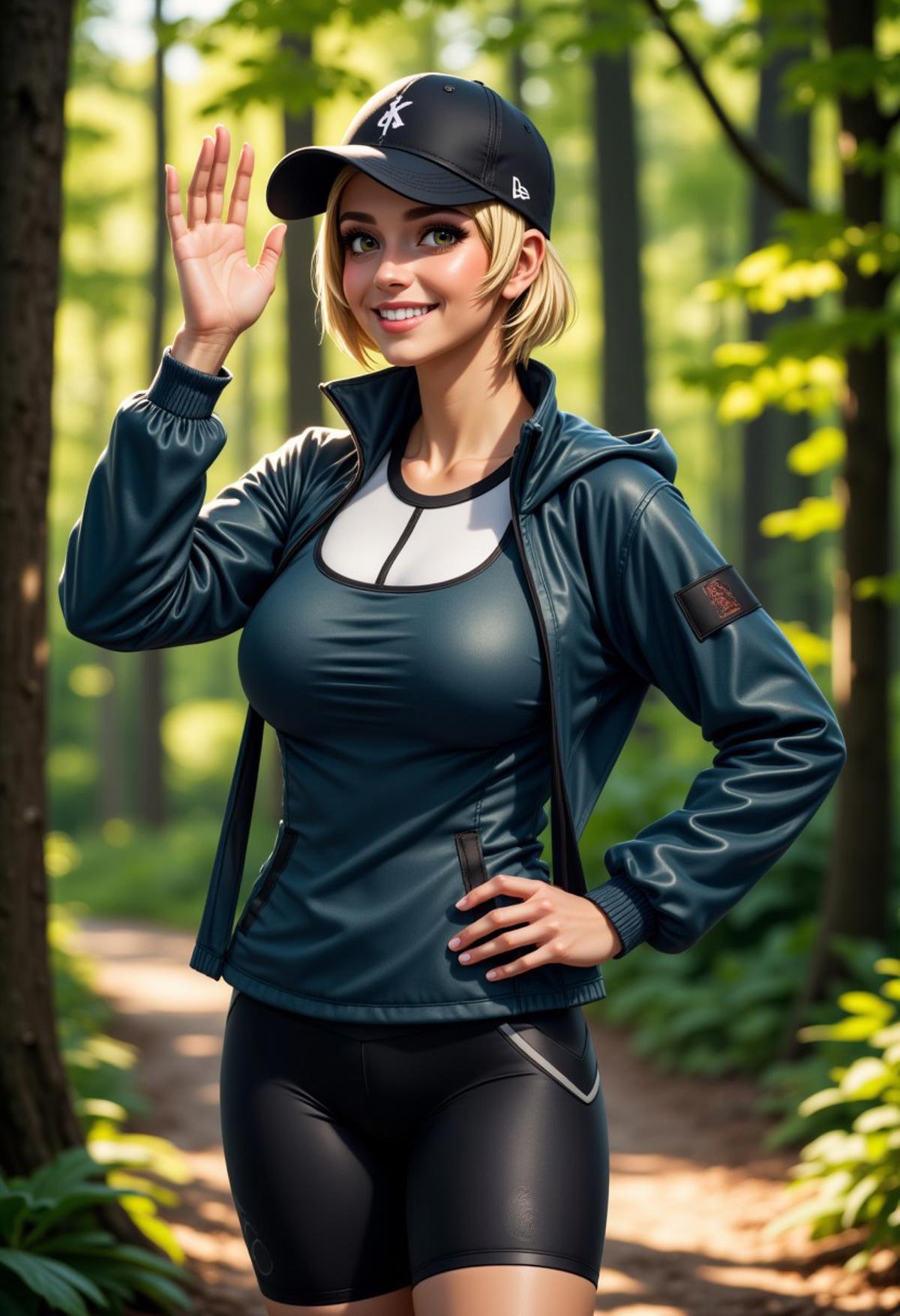 An adult woman standing in the forest. She's wearing a sports jacket over a tanktop, as well as racing shorts and a black cap. She has short blonde hair and green eyes. She's grinning. She is waving with one hand and has her other hand on her hip