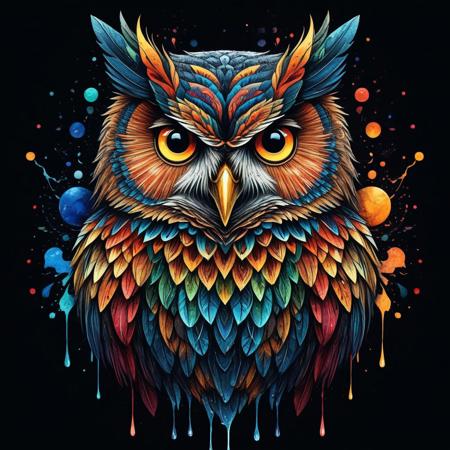 Finely detailed vector illustration, owl,  ultra realistic quality,circle symbols, dark gradient background, hyperdetailed, intricately detailed,  triadic colors,fantastical,intricate detail,splash screen,complementary colors, fantasy concept art, 8k resolution, masterpiece,watercolor painting,heavy strokes,paint dripping.