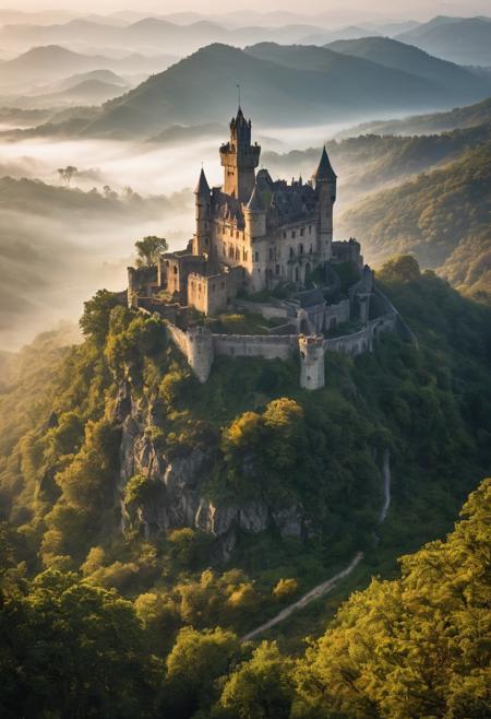Abandoned mysterious ancient castle in foggy deep and  wide valley at sunrise, style by Lovecraft, meticulous, intricate, entangled, intricately detailed, no human