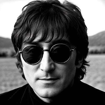 instagram photo, closeup photo of john lennon wearing dark sunglasses in a dark landscape, (smile:0.4), hard shadows