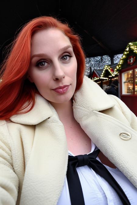 <lora:kr1st1l0v3tt_v1:1>, high resolution, high quality, realistic, (kr1st1l0v3tt woman) in winter coat in christmas market, 1girl, looking at viewer, red hair, eyes, lips, long hair, gigantic breasts