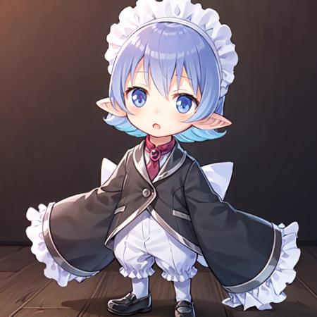 malechim, 1boy, solo,  masterpiece, best quality,male focus, pointy ears, maid headdress, full body, simple background, blush, maid, :o, sleeves past wrists, chibi, standing, shoes, open mouth, frills, crossdressing, brooch, white bow, apron, <lora:chimmale1a-000014:0.7>