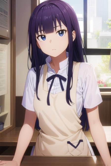 aoiyamada, <lora:aoi yamada s2-lora-nochekaiser:1>,
aoi yamada, long hair, (purple eyes:1.1), purple hair, blunt bangs,
BREAK apron, waitress,
BREAK indoors, restaurant,
BREAK looking at viewer, (cowboy shot:1.5),
BREAK <lyco:GoodHands-beta2:1>, (masterpiece:1.2), best quality, high resolution, unity 8k wallpaper, (illustration:0.8), (beautiful detailed eyes:1.6), extremely detailed face, perfect lighting, extremely detailed CG, (perfect hands, perfect anatomy),