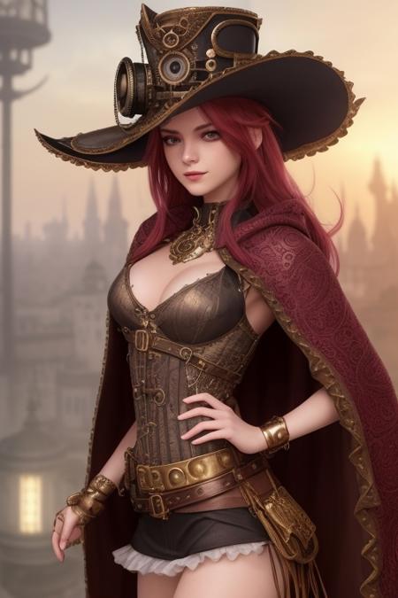 1girl, stylish pose, intricate detailed steampunk clothes, steampunk hat, cloak, smirk, slim body, (bright red long floating hair:1.2), beautiful detailed glow, detailed, Cinematic light, intricate detail, highres, rounded eyes, detailed facial features, high detail, sharp focus, smooth, aesthetic,  extremely detailed, small chest, octane render,( detailed steampunk city background:1.1)