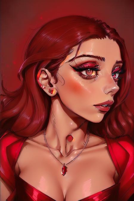 lora_sarafyan_girl,  <lora:lora_sarafyan_girl_01:1>, a woman with a scarlet dress and a necklace, red eyeshadows, with symmetrical facial features, medium closeup,