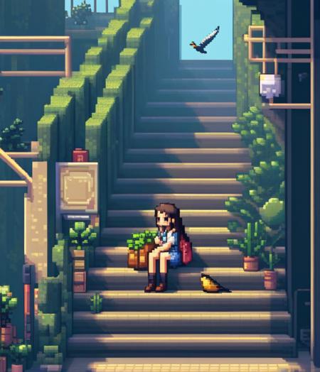 pixel art, 1girl, bird, solo, long hair, stairs, bag, plant, sitting
<lora:sdxl_pixel:0.65>