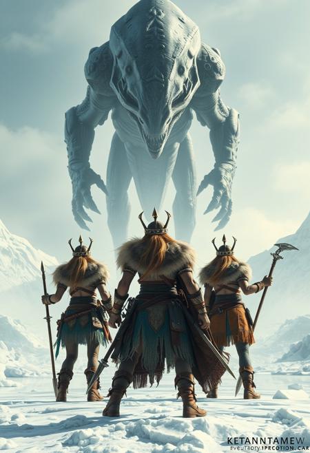 three stunning barbarian oriental warrior women, in furs and leather armor, armed with swords and spears, face a gigantic alien space monster looming above them, on an ice world, viewed from behind them. 
 Perfect Composition, realistic photographic image, RAW photo highest quality, perfect directional lighting