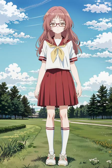 best quality,masterpiece,1girl,(grass:1.33),standing,(full body:1.3),solo,<lyco:眼镜妹locon:0.7>,fenmao, 1girl,  solo, skirt, full body, shoes, socks,neckerchief,pleated skirt, sneakers, yellow neckerchief, looking at viewer, white footwear, red skirt, white shirt, kneehighs, short sleeves
