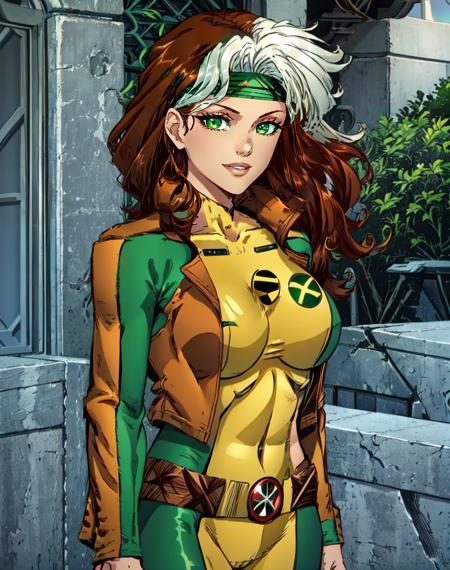 <lora:rogue_(x-men):.9>, classicrogue, 1girl, solo, long hair, breasts, smile, large breasts, brown hair, green eyes, jacket, big hair, white hair, multicolored hair, parted lips, belt, two-tone hair, open jacket, makeup, headband, multicolored bodysuit, green bodysuit, yellow bodysuit, looking at viewer, outdoors <lora:David_Finch_Artstyle-12:.8>