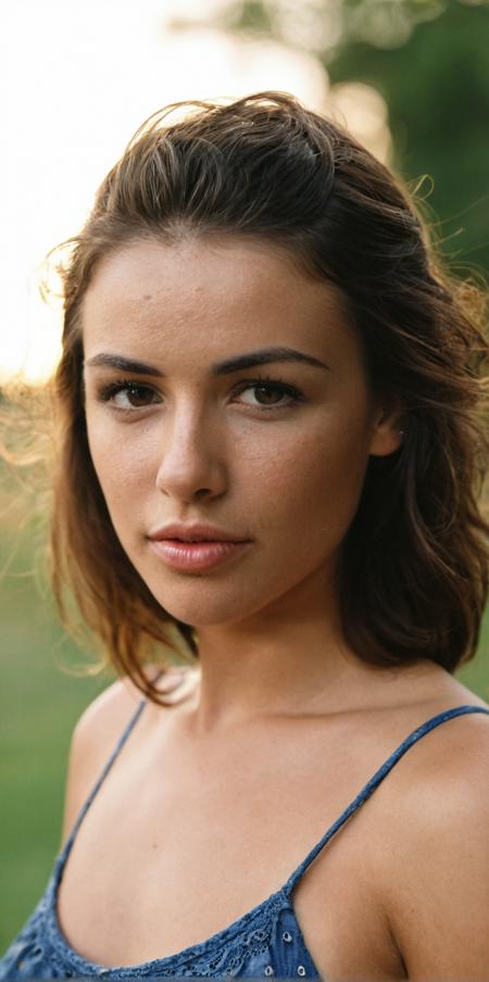 cinematic film still 21 years old, beautiful face, tanned, make up, hazel eyes, posing, dark hair, golden hour