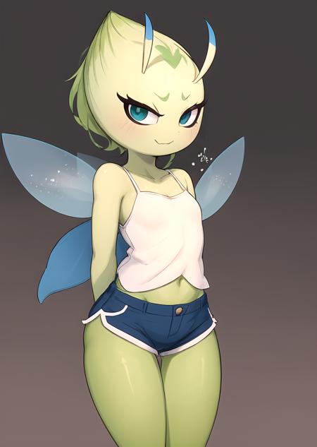 1girl, <lora:Celebi-10:0.9>, Celebi, wings, fairy wings, pokemon \(creature\), green skin, 
snow white camisole, see-through, saddle brown dolphin shorts 
flat chest 
(smug:1.27628),