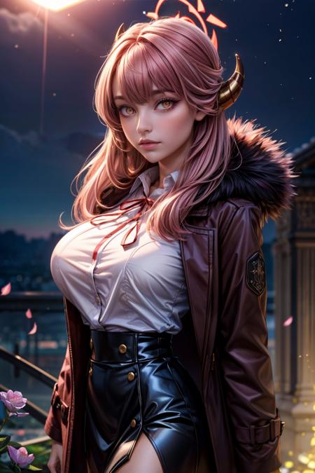 zzAru, yellow eyes, pink hair, long hair, demon horns, halo brown coat, white shirt, black skirt, red ribbon, fur-trimmed coat , 