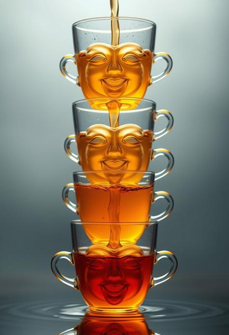 "Create a breathtakingly realistic digital artwork featuring a towering stack of delicate, transparent cups, each one perfectly aligned and balanced on top of the other. Each cup should contain a unique, intricately detailed glass face, crafted with precision and care to capture the subtleties of human emotion. The glass faces should be rendered in exquisite detail, with visible texture and subtle shading that captures the gentle curves and subtle imperfections of the glass. A cascade of rich, velvety liquid should flow from the top cup, pouring down through each successive cup in a mesmerizing, golden stream. Each face should be a unique and distinct, with its own expression and character, from serene to joyful, to playful. The liquid should be depicted in stunning detail, with visible ripples and subtle reflections that capture the play of light on its surface. The overall effect should be one of enchanting realism, as if the viewer could reach out and touch the delicate cups and feel the cool, refreshing liquid flowing down." Highest-Quality, 4k, intricate details, visually stunning, Masterpiece