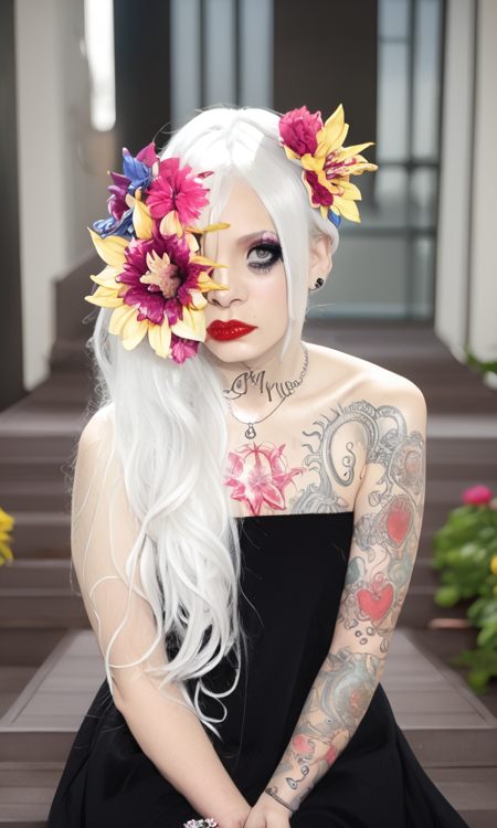 m3t0, long hair, white hair, flower covering the eye, makeup, gray eyes, red lipstick, tattoo, black dress, exposed shoulders