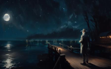 (drybrush speed painting)+ of a pensive man illuminated by the moonlight standing by the dock, paint (strokes)+, stars, night