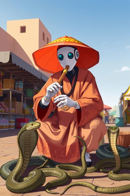 illustration of a robot dresses as Moroccan snake charmer, charming snakes with a flute, exotic market, hot weather, sunshine and shadows,