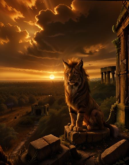 <lora:MW_Roma02betasd:1> Foreground (left and center bottom):
A large, mythical feline creature â resembling a lion or lynx with elongated features and flowing, wind-swept fur â stands dominantly on a cluster of weathered boulders. Its mane glows slightly in the warm light, giving it a regal, otherworldly presence.
To the right of the feline, a woman in a deep green cloak sits gracefully on the rocks, watching the creature. Her red hair and poised posture suggest she may be a druid, mage, or traveler.
Midground (right side):
A ruined stone structure, likely an ancient temple or fortress, spans horizontally with massive arched openings and crumbling towers. The structure is partially overtaken by nature â with vines and foliage beginning to reclaim it.
Small shrubs and thin trees grow around its base, blending history and wilderness.
Background (left side):
A glowing sunset casts golden-orange hues across a vast open savanna-like landscape. Bare trees and distant mountain ridges silhouette against the amber sky, adding depth and atmosphere.
Light clouds drift in the sky, catching the warm tones of dusk.
Atmosphere & Lighting:
The overall mood is mythic, warm, and magical. The sunlight filters softly through the ruins and trees, highlighting the flowing mane of the creature and the woman's cloak.
The balance of warm sunlight and long shadows evokes the end of a legendary journey or the beginning of an enchanted twilight.