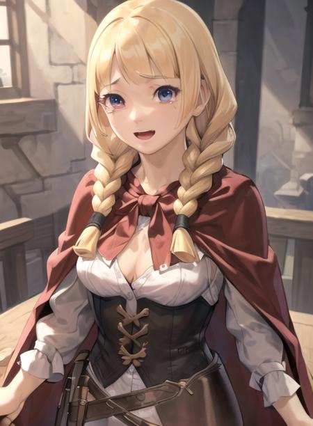 best quality, (masterpiece),(ultra-detailed), (high quality), (high resolution),   <lora:espellac-10:0.7>,1girl, :d, animal, belt, blonde hair, braid, breasts, cape, espella cantabella, hair over shoulder, long hair,, solo, tears, twin braids,blue eyes,