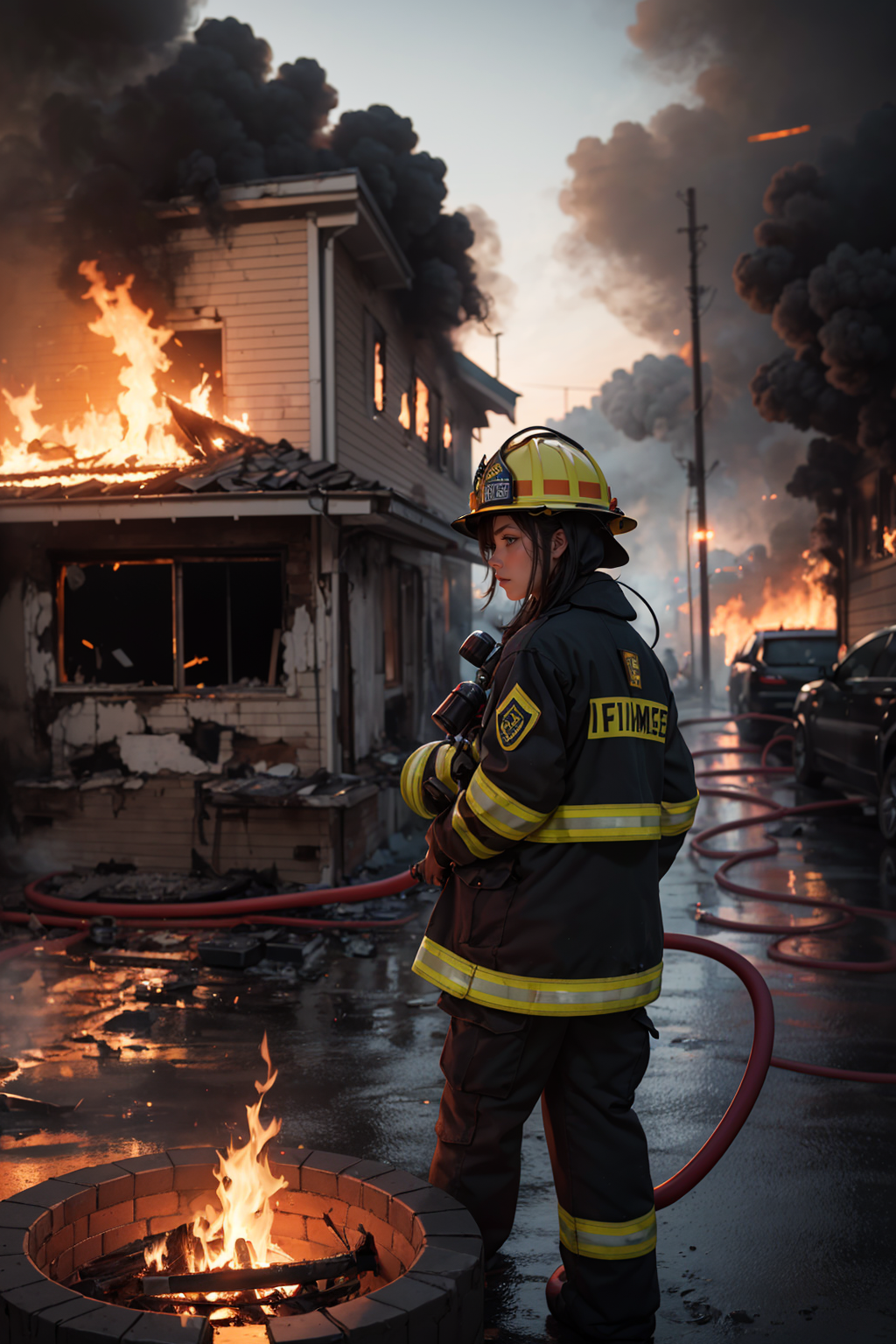 photography, ultra realistic, 1girl, firefighter putting out a burning house, holding a fire hose, outdoors, street,  deta...