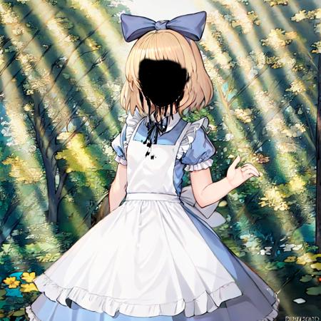 alice a cartoon character wearing an alice costume with a full black face, 1girl, apron, blonde hair, alice (alice in wonderland), solo, dress, blue dress, short sleeves, short hair, white apron, nature background, ribbon, outdoors, black fluid from the face,