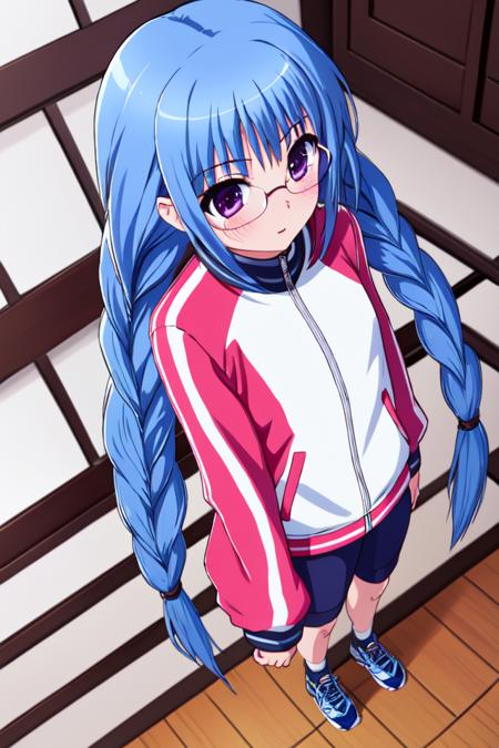 masterpiece, best quality, absurdres, ultra-detailed, indoors, <lyco:ro_kyu_bu_v4-000090:0.7>, nagatsuka saki, 1girl, solo, long hair, blush, glasses, twin braids, track jacket, from above,