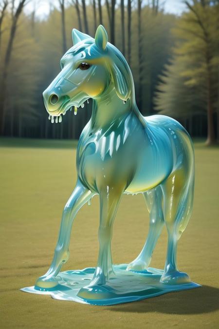 slime-morph, sl1m3d, made of slime, 
horse, 
outdoors,