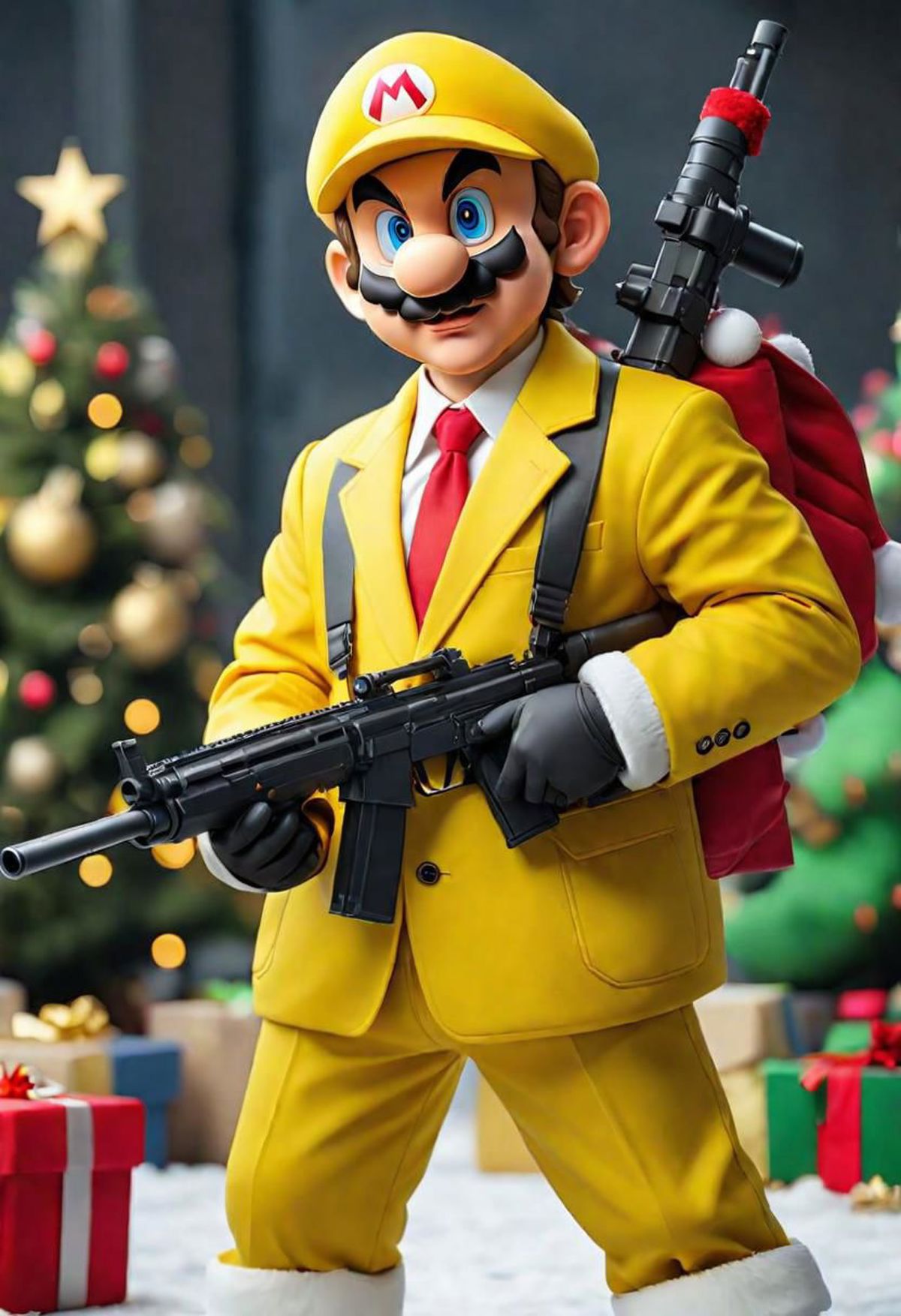 A Mario character holding a gun and wearing a yellow suit with a red tie.