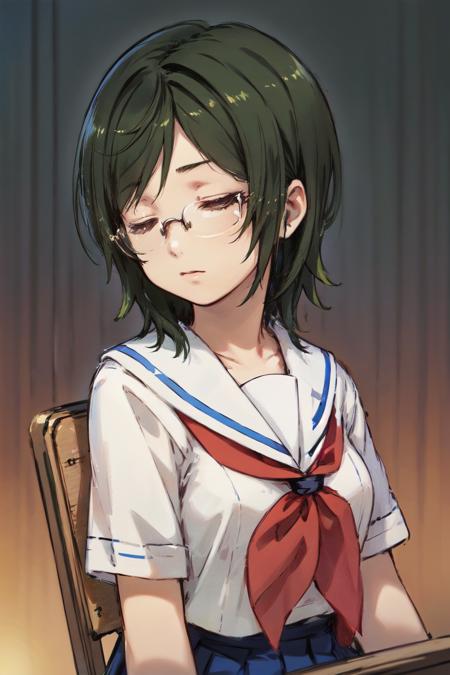 upper body,  closed eyes,  
1girl, solo, nmmck, short hair, green hair, glasses, 
school uniform, serafuku, white collar,  red neckerchief,
classroom, 
sitting chair, sleeping, 
 <lora:machiko-3-000006:0.9>,  <lora:flat2:0.3>, <lora:add_detail:0.5>