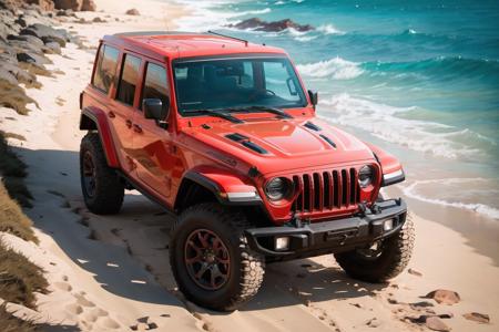 <lora:jpwrng-000005:0.5> jpwrng red body, doors removed, parked near a beach, bright sunnny day, masterpiece, ultra wide angle, 20mm focal length, sandy beach, natural lighting, sailboat in the ocean, sharp focus, smooth, intricate details, 8k wallpaper, artstation