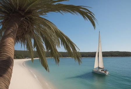very realistic photograph of a large palm tree at the edge of the beach with the Class Figaro Bénéteau sailboat offshore
