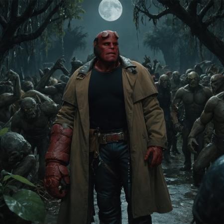 illustration, medium shot, h3llb0y man, fighting against a crowd of swamp creatures and monsters, background of swamp trees and lianas, darkness, dark theme, nightime, full moon light, trench coat, black shirt <lora:hellboy-v2-000008:0.7>