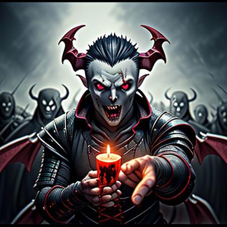 A photo of a (menacing demon ( vampire boy:1.3) lord:1.3), (curved horns:1.2), piercing luminous red eyes, (grinning skull-like face:1.0), muscular build, (pointing directly at viewer:1.2), surrounded by an army of (ghouls and Dragon mens figures:1.1), flickering candlelight, exterior battle camp setting, (ominous soldier with rifle:1.1), atmospheric dread, gothic horror theme, Sony A7R IV, 1/60s, f/2.8, ISO 1000, cinematic composition, HDR imaging, detailed textures, macabre mood, RAW photography, professional grade,photography in the style of Labirynth movie, close up of (awful) and (sweet) creature with sword stained with (blood), in a gigant ancient and ruined labirynth ,fantasy,hyper detailed, real skin imperfections, hard lighting, bokeh, ((curi:1.2))armor Gelatine Dragonian,(Csursi:1.6) decef