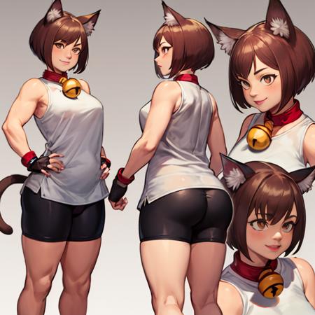 Xiao, cat ears,short hair, brown hair,cat tail, brown eyes,animal hands ,Xattire ,white dress, bike shorts, neck bell,brown footwear,sleeveless,fingerless gloves, standing
(insanely detailed, beautiful detailed face, masterpiece, best quality) <lora:Xiao-09:0.7>