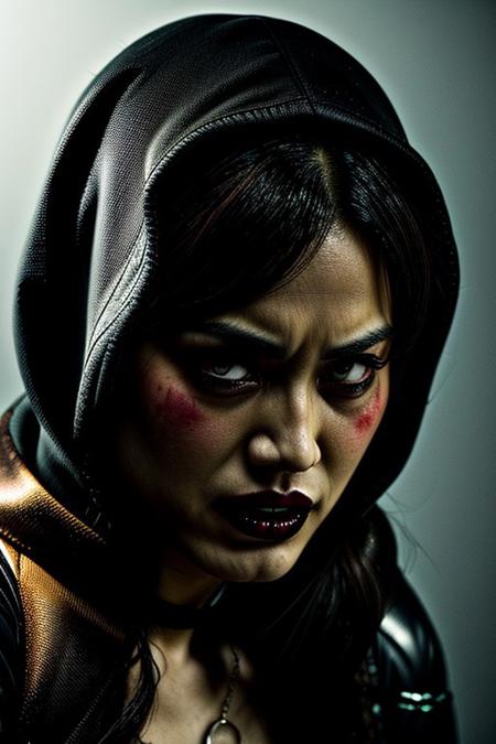 A sexy glam rock nun geisha vampire tears through reality. fangs. medium shot. high contrast lighting. white digital shatter. Batik. rock and roll. neon background, face close up,