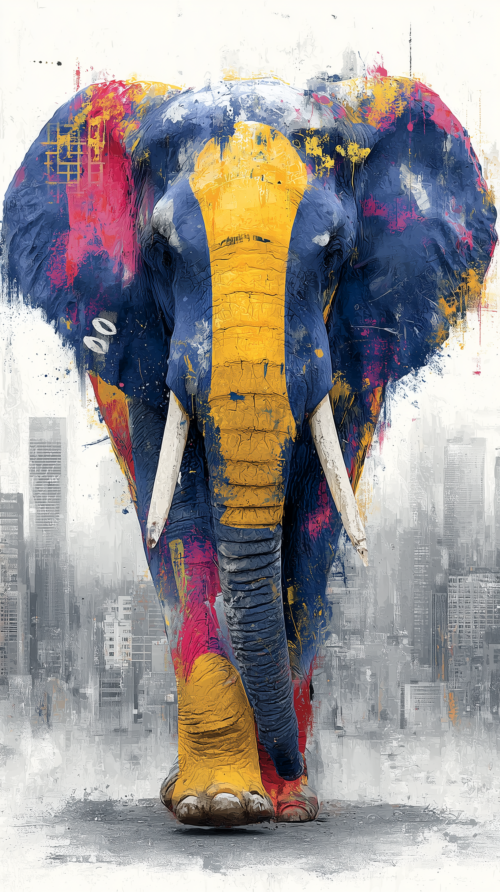A large elephant walking away from an urban environment, captured from a low camera angle that emphasizes the animal's imposing size against the cityscape. The elephant's body is painted with bold patches of blue, yellow, red, and pink in an abstract, graffiti-style artistic treatment, with visible brushstrokes and paint splatters throughout its form. White tusks extend from either side of its head, and its trunk hangs naturally as it moves. The background features a gray cityscape with tall skyscrapers and high-rise buildings rendered in muted tones, creating contrast with the colorful elephant. Paint drips and artistic textures cover both the elephant and the surrounding urban environment, blending realistic photographic elements with expressive painterly techniques.