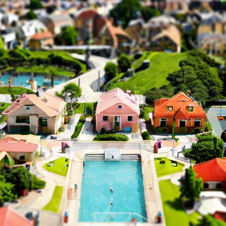 little pink houses, swimming pools, park, playground <lora:tilt-shift:1>